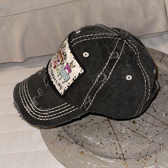 PEACE LOVE FARM LIFE Black Distressed Denim Cotton Cap - Picture 5 of 9